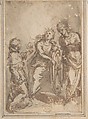 Saint Catherine Flanked by a Male and a Female Saint, Anonymous, Italian, Bolognese, 17th century Italian, Pen and brown ink, brush and brown wash, over black chalk on light brown paper; framing lines on left, bottom and right edges in black chalk and pen and brown ink