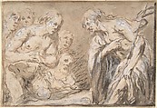 Christ in Limbo (Recto); Saint with Rosary (Verso), Anonymous, Italian, Roman-Bolognese, 17th century, Pen and brown ink, brush and brown wash, over red chalk, highlighted with white gouache on light tan paper; framing lines in red chalk and brush and brown wash