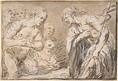 Christ in Limbo (recto); Saint with Rosary (verso), Anonymous, Italian, Roman-Bolognese, 17th century, Pen and brown ink, brush and brown wash, over red chalk, highlighted with white gouache on light tan paper; framing lines in red chalk and brush and brown wash