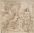 Venus and Adonis, Anonymous, Italian, Roman-Bolognese, 17th century  Italian, Pen and brown ink, brush and brown wash, over black chalk on light tan paper; framing lines in pen and brown ink; trace of framing line in pen and blue ink along left edge