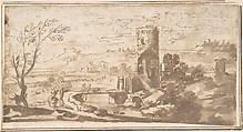 Landscape with Round Tower and Figures Crossing a Bridge, Anonymous, Italian, Roman-Bolognese, 17th century  Italian, Pen and brown ink, brush and brown wash, on light tan paper
