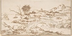 Landscape With Figures Crossing a Bridge, Anonymous, Italian, Roman-Bolognese, 17th century  Italian, Pen and brown ink over black chalk on cream paper. Ruled framing outline in black chalk? along left, right and bottom edge