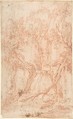 Trees and Rocks, Anonymous, Italian, Roman-Bolognese, 17th century  Italian, Red chalk on light tan paper. Fragments of red chalk framing outline