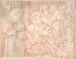 Peter Denying Christ, engraver's copy after a painting by Lorenzo Pasinelli, Anonymous, Italian, Roman-Bolognese, 17th century  Italian, Red chalk on cream paper; framing lines in red chalk, and black chalk, along right edge