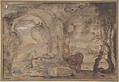 Saint Jerome in the Wilderness, Anonymous, Italian, Roman-Bolognese, 17th century  Italian, Brush and brown, yellow, gray and red watercolor, touched with white gouache over traces of charcoal on light brown paper. Framing outline in brush and brown wash