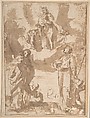 Madonna and Child with Saints, Anonymous, Italian, Roman-Bolognese, 17th century Italian, Pen and brown ink, brush and brown wash over charcoal? on light tan paper. Fragments of framing outlines in brown ink