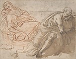 Two Sleeping Figures, Anonymous, Italian, Roman-Bolognese, 17th century  Italian, Left figure in pen and brown ink over red chalk; right figure in pen and brown ink, brush and brown wash, charcoal / black chalk?; faint black chalk sketches in background