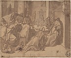 Mary Magdalen Annointing the Feet of Christ, Raffaellino da Reggio (Raffaello Motta) or copy after Italian, Pen and brown ink, brush and brown wash over black chalk on light brown paper