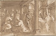 Christ Washing the Feet of the Disciples, Anonymous, Italian, Roman-Bolognese, 17th century  Italian, Pen and brown ink, brush and brown wash over charcoal? on cream paper