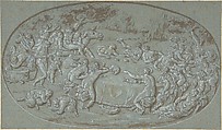 King Midas Feasting At The Arrival of Silenus, Circle of Bernard Picart (French, Paris 1673–1733 Amsterdam) (?), Pen and brown ink, brown wash, heightened with white (slightly oxidized) on blue paper
