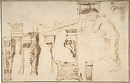 Design for a Chimney Place and Study of a Nude Female Figure, Anonymous, Flemish, 17th century Flemish, Pen and brown ink; framing lines in pen and brown ink