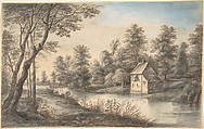 Wooded Landscape with a House beside a River, Lucas van Uden  Flemish, Pen and brown ink, brown, blue, and gray wash