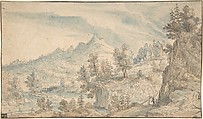 The Salzach Valley with a View of the Watzmann Massif in the Background, Frederik van Valkenborch (Netherlandish, Antwerp 1566–1623 Nuremberg), Pen and gray ink, brush and brown wash and blue watercolor; framing lines in pen and brown ink
