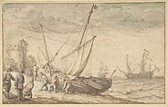 Fisherfolk Hauling their Boat onto the Shore, Adam Willaerts Netherlandish, Black chalk, pen and brown ink, watercolor