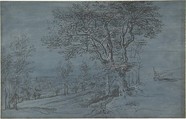 Wooded Landscape with a House by a River, Lucas van Uden  Flemish, Oiled charcoal, heightened with white, on blue prepared paper