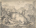 Sheperd with his Flock and a Dog, Anonymous, Flemish, 17th century ? Flemish, Pen and gray ink, brush and gray wash, over black chalk