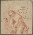 Man of Sorrows and Two Studies of Heads, Anonymous, Flemish, 17th century Flemish, Pen and brown ink, red chalk; offset of a drawing in brush and black ink