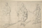 Study of Figures: an Old Man Holding a Hat and Facing Forwards, and a Young Man Holding a Torch and a Hat, seen from both the Front and Left Sides; Verso: Study of a Head, Antoine Sallaert (Flemish, Brussels ca. 1580/85–1650 Brussels), Black chalk