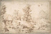 River View with Figures, Anonymous, Italian, Roman-Bolognese, 17th century Italian, Pen and brown ink over black chalk on light tan paper. Fragmentary framing outlines in black chalk?