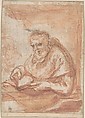 Saint Reading, Anonymous, Italian, Roman-Bolognese, 17th century  Italian, Pen and brown ink, red chalk, brush and red wash, on cream paper
