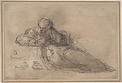 Man Seated on the Ground, Writing, Anonymous, Italian, Roman-Bolognese, 17th century  Italian, Pen and brown ink, brush and brown wash, over black chalk, highlighted with white gouache, on light tan paper
