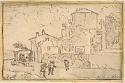 Townscape with an Inn, Anonymous, Italian, 17th century (?) Italian, Pen and brown ink, brush and light gray wash, over black chalk
