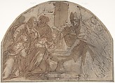 Scene of a Baptism of a Woman by a Bishop with Onlookers, Anonymous, Italian, Roman-Bolognese, 17th century  Italian, Pen and brown ink, brush and brown wash (small accidental stains of white gouache on lower left), over red chalk, on light brown paper; surface of paper rubbed extensively with black charcoal or chalk dust; framing lines in the shape of a lunette in pen and dark brown ink by the artist