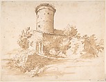 Landscape with Cylindrical Tower, Anonymous, Italian, Roman-Bolognese, 17th century  Italian, Pen and brown ink, brush and brown wash, over traces of black chalk on light tan paper