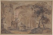 The Temptation of Saint Anthony, Anonymous, Italian, Roman-Bolognese, 17th century  Italian, Brush with brown and red watercolor over black chalk, touched with gouache on brown paper