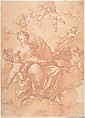 Female Allegorical Figure With Cherubs(?), Anonymous, Italian, Roman-Bolognese, 17th century  Italian, Red chalk, brush and red wash on light tan paper