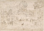 Fantasy based on Vatican: Sistine Chapel, Loggia (identification by James S. Ackerman) (recto); A Lion (verso), Anonymous, Italian, Roman-Bolognese, 17th century  Italian, Pen and brown ink, over black chalk
