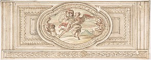 Design for a Panel with a Depiction of Boreas Abducting Oreithyia, Anonymous, Italian, Roman-Bolognese, 17th century  Italian, Pen and brown ink, brush with brown, red, blue and yellow wash, over black chalk