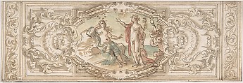 Design for a Panel with a Depiction of Bacchus and Ariadne, Anonymous, Italian, Roman-Bolognese, 17th century  Italian, Pen and brown ink, brush with brown, red, blue and yellow wash, over black chalk