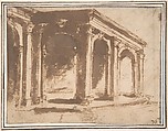 Loggia, Anonymous, Italian, Roman-Bolognese, 17th century  Italian, Pen and brown ink, brush and brown wash over red chalk; fragmentary framing lines in black chalk