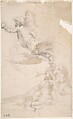 Saint in Ecstasy; Study of Saint's Head (recto); Sketches of Putti (verso), Anonymous, Italian, Roman-Bolognese, 17th century, Pen and brown ink, brush and brown wash, over red chalk on cream paper (recto). Framing outline in pen and brown ink. Black chalk (verso)