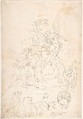 The Expulsion from the Garden, Anonymous, Italian, Roman-Bolognese, 17th century, Pen and brown ink over black chalk on light tan paper (recto); inept sketches in red chalk and in pen and brown ink (verso)