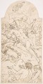 Death of Christ Redeeming Souls from Purgatory, Anonymous, Italian, Roman-Bolognese, 17th century Italian, Pen and brown ink over black chalk on light tan paper. Arched top