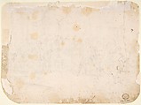 Saint Benedict Receiving a Warrior (recto); Sketch of Crowded Narrative Scene (verso), Anonymous, Italian, Roman-Bolognese, 17th century, Pen and brown ink, brush with blue-green wash over charcoal? on light tan paper (recto). Framing outline in brown ink along bottom edge. Charcoal? (verso)