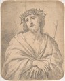 Man of  Sorrows, after Guido Reni (recto); Studies of arm and hands (verso), Anonymous, Italian, Roman-Bolognese, 17th century, Black chalk highlighted with white chalk on light brown paper (recto); black and red chalk (verso). Corners rounded