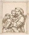 Madonna and Child, Anonymous, Italian, Roman-Bolognese, 17th century  Italian, Pen and brown ink over traces of black chalk, on cream laid paper; squared in black chalk; framing lines in pen and brown ink