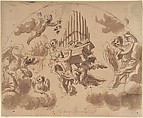 Putti Carrying Organ Pipes, Anonymous, Italian, Roman-Bolognese, 17th century  Italian, Pen and brown ink, brush and brown wash, over traces of black chalk on light brown paper. Arched framing outline at top in pen and brown ink over black chalk