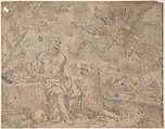 Saint Jerome in the Wilderness, Anonymous, Italian, Roman-Bolognese, 17th century Italian, Pen and brown ink, brush and brown wash, over black chalk on light brown paper