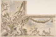 Design for a Corner of a Ceiling, Anonymous, Italian, Roman-Bolognese, 17th century  Italian, Pen and brown ink, brush with brown, blue and green wash, over black chalk