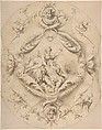 Ornamental Design with Diana and Endymion in a Central Cartouche, Jacob Denys Flemish, Pen and brown ink, brush and gray and brown wash. Inlaid down into paper mount with brown and gold framing lines.