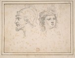 Head of a Bearded Soldier in Profile, Head of a Young Woman in Three-Quarter View, Anonymous, Italian, 17th century  Italian, Black chalk or graphite