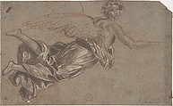 Flying Angel, Anonymous, Italian, 17th century  Italian, Pen and brown ink, brush and brown wash, over red chalk, with white gouache highlighting