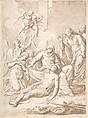 Pietà, Anonymous, Italian, Roman-Bolognese, 17th century  Italian, Brush and brown wash over black chalk, highlighted with white gouache, on light tan paper; framing outlines in black chalk