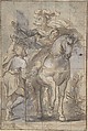 Saint Martin and the Beggar, Anonymous, Italian, Roman-Bolognese, 17th century  Italian, Pen and brown ink, brush and brown and gray wash, heightened with white gouache, over black chalk, on blue-brown paper; squared in red chalk; framing lines in pen and brown ink