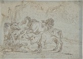 Horse, Bull, Lion, and Boar, Anonymous, Italian, Roman-Bolognese, 17th century  Italian, Pen and brown ink over black chalk, highlighted with white gouache
