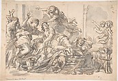 Death of Dido, Giovanni Francesco Romanelli Italian, Pen and brown ink, brush with gray wash, over charcoal (?) on light tan paper (recto); Ruled framing outlines in red chalk, black chalk scribbles (verso), framing outlines in pen and brown ink